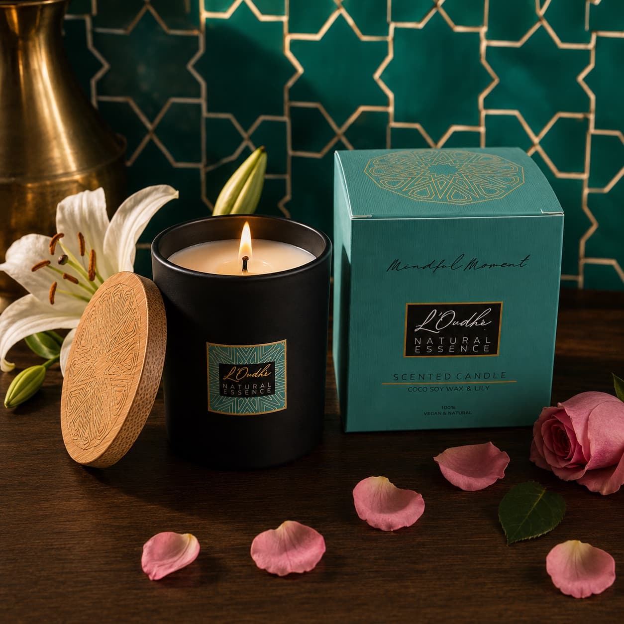 Mindful Moment burning beside its teal box, with a white lily, a brass vase and rose petals on a dark wooden table.