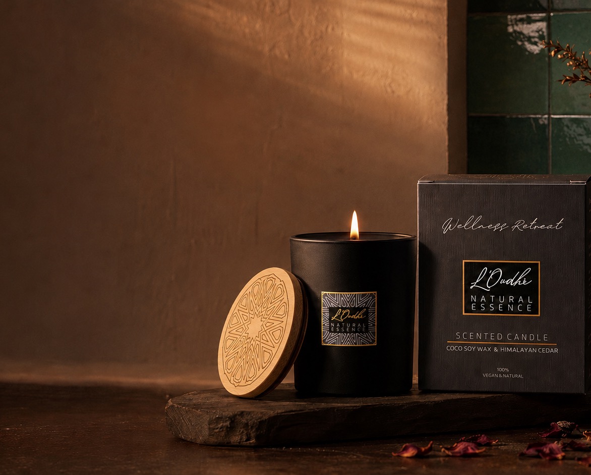 The Wellness Retreat candle burning beside its box, the wooden lid with its milled zellige star leaning against the glass.
